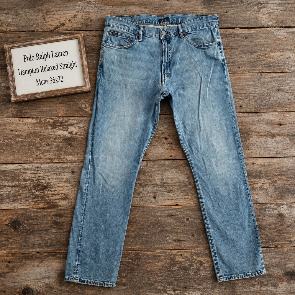 Polo Ralph Lauren Hampton Relaxed Straight Jeans Mens 36x32 Light Wash Blue